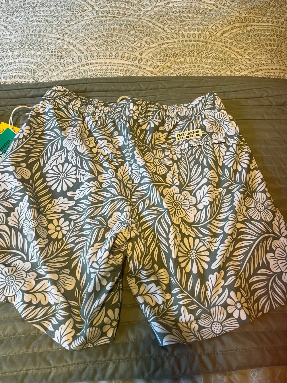 Fair Harbor Green Swim Trunks with White Floral Print